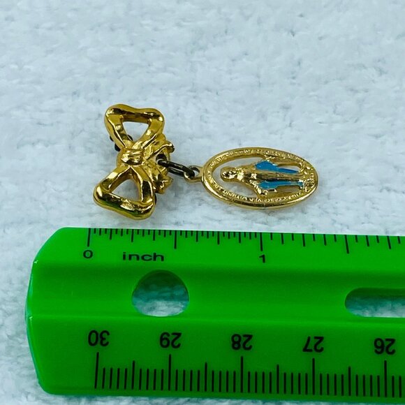 Vintage Gold-Tone Bow & Virgin Mary Religious Brooch Pin Blue Enamel Accents - Picture 6 of 16